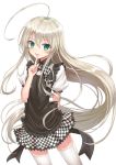  1girl ahoge apron bangs black_apron blush bow checkered checkered_bow checkered_skirt collared_shirt commentary_request eyebrows_visible_through_hair frilled_apron frills green_eyes hair_between_eyes haiyore!_nyaruko-san hand_up highres index_finger_raised long_hair looking_at_viewer nyarlathotep_(nyaruko-san) parted_lips puffy_sleeves seungju_lee shirt sidelocks silver_hair simple_background skirt smile solo sweat thighhighs very_long_hair white_background white_legwear white_shirt 