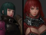  2girls armor belt blue_eyes bob_cut breasts brown_eyes cleavage cleavage_cutout concept_art gloves green_hair grey_background highres hunting_era looking_at_viewer multiple_girls red_hair sangsoo_jeong short_hair simple_background small_breasts upper_body 