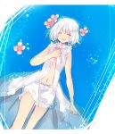  1girl absurdres bare_shoulders bloomers closed_eyes commentary cowboy_shot flower hair_between_eyes hair_flower hair_ornament highres kudou_chitose kuzukiri_shion lying navel nijisanji on_back open_clothes open_mouth partially_submerged pink_flower pink_ribbon ribbon sketch sleeveless smile solo underwear virtual_youtuber water white_hair 