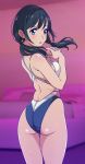  1girl aiuchi amano_hina_(tenki_no_ko) ass bed black_hair blue_eyes blue_swimsuit commentary_request competition_swimsuit cowboy_shot from_behind hands_clasped highleg highleg_swimsuit highres indoors long_hair looking_to_the_side love_hotel one-piece_swimsuit own_hands_together solo standing swimsuit tenki_no_ko thigh_gap twintails 