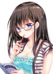  1girl :o bare_shoulders black-framed_eyewear blue_eyes blue_shirt blush book breasts brown_hair cleavage collarbone commentary_request frills glasses holding holding_book holding_pen jewelry long_hair looking_at_viewer medium_breasts necklace nogi_takayoshi open_book open_clothes open_shirt original parted_lips pen shirt short_sleeves sidelocks simple_background solo striped striped_shirt undershirt upper_body white_background white_shirt 