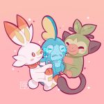  ^_^ closed_eyes commentary creature crying english_commentary full_body gen_8_pokemon grookey highres no_humans pink_background pokemon pokemon_(creature) sad scorbunny simple_background smile sobble sparkle tears 