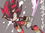  4:3 anthro black_fur clothing eulipotyphlan footwear fur gloves grey_background handwear hedgehog holding_object holding_sword holding_weapon japanese_text katana looking_aside male mammal melee_weapon red_eyes red_fur shadow_the_hedgehog shoes simple_background solo sonic_(series) sword text weapon なし 
