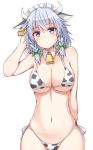  1girl absurdres animal_ears animal_print bare_arms bare_shoulders bell bikini blue_eyes blush bow braid breasts cleavage closed_mouth collarbone commentary_request cow_bell cow_ears cow_horns cow_print cowboy_shot detached_collar ear_tag green_bow hair_bow hand_up headdress highres horns izayoi_sakuya large_breasts looking_at_viewer navel short_hair side-tie_bikini silver_hair simple_background solo standing stomach sweat swimsuit taki_sandstone thighs touhou twin_braids white_background white_bikini 