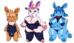  berseepon09 big_breasts blue_eyes blush bodily_fluids bow bow_tie breasts bulge clothed clothing cuffs_(disambiguation) eevee eeveelution female glaceon hair leggings legwear looking_at_viewer male messy_hair nintendo open_mouth pok&eacute;mon pok&eacute;mon_(species) short_stack sweat swimwear sylveon video_games 