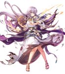  1girl bangs blush book breasts cape chachie circlet closed_mouth dress fire_emblem fire_emblem:_genealogy_of_the_holy_war fire_emblem_heroes full_body hair_ornament highres holding holding_book jewelry julia_(fire_emblem) long_hair long_sleeves looking_away medium_breasts non-web_source official_art open_book purple_eyes purple_hair sandals shiny shiny_hair solo toes torn_cape torn_clothes torn_dress transparent_background wide_sleeves 