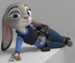  2019 3d_(artwork) anthro claws clothing digital_media_(artwork) disney eyebrows eyelashes female fingers fur grey_fur hi_res holding_object judy_hopps lagomorph leporid long_ears looking_at_viewer lying mammal melo multicolored_ears multicolored_fur pink_nose purple_eyes rabbit simple_background smile solo toes uniform white_fur wide_hips zootopia 