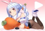  1girl animal_ear_fluff animal_ears bangs batsu bed_sheet black_gloves black_leotard blue_hair braid breasts bunny_ears bunny_girl bunnysuit carrot carrot_hair_ornament cleavage closed_mouth commentary eyebrows_visible_through_hair food_themed_hair_ornament full_body gloves gradient gradient_background hair_ornament hololive leotard long_braid long_hair looking_at_viewer lying medium_breasts multicolored_hair on_stomach orange_eyes pantyhose play_button scarf simple_background smile solo stuffed_carrot thick_eyebrows twin_braids two-tone_hair underwear usada_pekora virtual_youtuber white_hair 