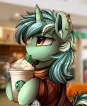  2019 beverage clothing coffee cup drinking ear_piercing equid equine female friendship_is_magic hi_res horn lyra_heartstrings_(mlp) mammal modern my_little_pony piercing portrait pridark signature solo starbucks straw unicorn yellow_eyes 