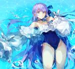  1girl armpits bangs bare_shoulders blue_choker blue_eyes blue_ribbon blue_swimsuit breasts casual_one-piece_swimsuit choker cleavage collarbone commentary_request covered_navel eyebrows_visible_through_hair fate/grand_order fate_(series) frilled_sleeves frilled_swimsuit frills groin hair_ribbon highleg highleg_swimsuit highres long_hair long_sleeves looking_at_viewer lying maza meltryllis meltryllis_(swimsuit_lancer)_(fate) on_back one-piece_swimsuit partially_submerged puffy_long_sleeves puffy_sleeves purple_hair ribbon sleeves_past_wrists small_breasts solo swimsuit thigh_gap very_long_hair water water_drop 