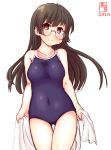  1girl alternate_costume artist_logo ass_visible_through_thighs black_hair blue_swimsuit blush breasts brown_hair choukai_(kantai_collection) collarbone covered_navel cowboy_shot dated eyebrows_visible_through_hair feet_out_of_frame glasses hair_between_eyes highres kanon_(kurogane_knights) kantai_collection long_hair looking_at_viewer medium_breasts new_school_swimsuit one-piece_swimsuit red_eyes rimless_eyewear school_swimsuit signature simple_background solo swimsuit towel white_background 