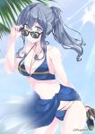  1girl alternate_costume alternate_hairstyle bikini blue_bikini blue_hair blue_sarong blue_sky breasts cloud collarbone commentary_request cowboy_shot day gotland_(kantai_collection) jewelry kantai_collection leaning_forward light_rays long_hair looking_at_viewer looking_over_eyewear medium_breasts mikage_takashi mole mole_under_eye necklace outdoors palm_tree sarong shoes_removed sky solo standing sunbeam sunglasses sunlight swimsuit tree twitter_username 