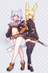  2girls absurdres animal_ears bare_shoulders black_legwear blonde_hair blue_hair blush breasts bunny_ears cat_ears cat_tail commentary commentary_request eyebrows_visible_through_hair fang fur_trim hair_over_one_eye hand_on_hip highres jacket large_breasts looking_at_viewer medium_breasts midriff multiple_girls open_mouth original ryota_tentei scar short_hair shorts tagme tail tora_tentei 