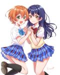  2girls bangs blue_hair blue_neckwear blush bow bowtie closed_mouth commentary_request dress_shirt eneco hair_between_eyes highres holding_hands hoshizora_rin interlocked_fingers long_hair looking_at_viewer love_live! love_live!_school_idol_project multiple_girls open_mouth orange_hair otonokizaka_school_uniform red_neckwear school_uniform shirt short_hair short_sleeves simple_background smile sonoda_umi striped striped_neckwear vest white_background yellow_eyes 