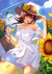  1girl :d armpits bag bare_shoulders blue_sky brown_hair brown_headwear cloud collarbone condensation_trail day dress floating_hair flower handbag hands_up hat hat_flower inushima leaf leaves_in_wind lens_flare long_hair looking_at_viewer off-shoulder_dress off_shoulder open_mouth orange_eyes original outdoors sidelocks sky smile solo standing straw_hat sundress sunflower white_dress yellow_flower 