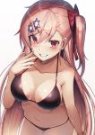  1girl bangs bare_shoulders bikini black_bikini blush bow braid breasts collarbone dakunesu eyebrows_visible_through_hair girls_frontline grin groin hair_between_eyes hair_bow hair_ornament hair_ribbon hairclip hand_up hexagram highres leaning_forward long_hair looking_at_viewer navel negev_(girls_frontline) one_side_up pink_hair pink_lips red_bow red_eyes ribbon simple_background smile solo star_of_david stomach swimsuit wet 