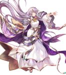  1girl bangs book breasts cape chachie circlet closed_mouth dress fire_emblem fire_emblem:_genealogy_of_the_holy_war fire_emblem_heroes full_body hair_ornament hand_up highres holding holding_book jewelry julia_(fire_emblem) long_hair long_sleeves looking_away medium_breasts non-web_source official_art purple_eyes purple_hair sandals see-through shiny shiny_hair solo toes transparent_background wide_sleeves 