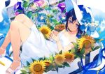  1girl achiki bangs bare_legs bare_shoulders black_hair blue_eyes blue_ribbon bottle closed_mouth cloud collarbone dress flower hair_between_eyes hat holding in_container looking_to_the_side lying open_toe_shoes original ramune ribbon shoes short_hair simple_background sky solo sun_hat sundress sunflower white_background white_dress white_footwear wind_chime 
