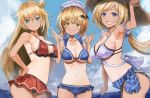  3girls akai_haato aki_rosenthal alternate_costume anchor_print arm_scrunchie armpits bangs bat_hair_ornament bikini blonde_hair blue_bikini blue_bikini_bottom blue_bikini_top blue_eyes breasts choker cleavage closed_mouth collarbone detached_hair eyebrows_visible_through_hair fangs hair_between_eyes hair_ornament hairclip hand_on_hip hat highres hololive large_breasts long_hair looking_at_viewer medium_breasts medium_hair multiple_girls navel official_alternate_costume one-piece_tan open_mouth red_bikini red_bikini_bottom red_bikini_top smile sun_hat swimsuit swimsuit_skirt tan tanline virtual_youtuber yellow_eyes yohane yozora_mel 