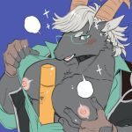  1:1 5_fingers big_pecs black_fur blush bovid caprine clothed clothing fingers fur goat green_eyes grey_hair hair humanoid_hands kijima222 mammal nipples pecs tanngrisnir_(tas) tokyo_afterschool_summoners video_games 