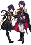  1girl absurdres age_comparison belt blue_hair boots cape ebinku fire_emblem fire_emblem:_three_houses fire_emblem_awakening highres lucina_(fire_emblem) older pauldrons sword tiara twintails uniform weapon younger 