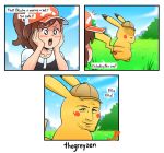  ! :o blush brown_hair bush_(disambiguation) clothed clothing cloud comic detective detective_pikachu dialogue elaine_(pok&eacute;mon) english_text female feral grass hair hat headgear headwear human humor long_ears long_hair looking_at_viewer looking_back male mammal nintendo open_mouth outside pikachu pok&eacute;mon pok&eacute;mon:_let&#039;s_go pok&eacute;mon_(species) pok&eacute;mon_detective_pikachu ponytail rodent ryan_reynolds shirt smile teeth text thegreyzen topwear trainer video_games 