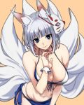  1girl animal_ears azur_lane bangs bare_shoulders bikini blue_eyes blunt_bangs blurry breasts cleavage collarbone cowboy_shot depth_of_field fox_ears fox_mask fox_tail kaga_(azur_lane) kaga_(everlasting_killing_stone)_(azur_lane) kirisato_itsuki large_breasts lips looking_at_viewer mask midriff multiple_tails navel orange_background silver_hair simple_background smile solo swimsuit tail white_hair wrist_cuffs 