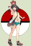  1girl bag bangs bare_legs beanie black_hair blue_eyes blunt_bangs bracelet eyebrows_visible_through_hair green_shorts hat highres holding holding_poke_ball jewelry looking_at_viewer masao mizuki_(pokemon) open_mouth poke_ball pokemon pokemon_(game) pokemon_sm red_headwear shirt shoes short_hair short_shorts short_sleeves shorts simple_background sneakers solo swept_bangs t-shirt tied_shirt 