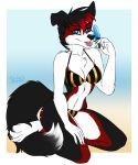  2019 4_toes 5_fingers anthro bikini black_fur black_nose blue_eyes canid canine canis clothing domestic_dog ei-ka female fingers fur gradient_background hair hi_res kneeling mammal red_fur red_hair simple_background smile solo swimwear toes tongue 