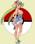  1girl ass breasts dark_skin flower full_body green_eyes green_hair hair_flower hair_ornament highres holding_ladle large_breasts low_twintails mao_(pokemon) masao open_mouth overalls poke_ball_symbol pokemon pokemon_(game) pokemon_sm sideboob simple_background solo twintails 