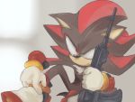  4:3 anthro black_fur clothing eulipotyphlan footwear frown fur gloves grey_background gun handwear hedgehog holding_gun holding_object holding_weapon looking_aside male mammal ranged_weapon red_eyes red_fur rifle shadow_the_hedgehog shoes simple_background sitting solo sonic_(series) weapon なし 