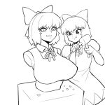  1girl bow chisel cirno concentrating drawfag dress flat_chest greyscale hair_bow highres licking_lips monochrome sculpting short_hair standing statue tongue tongue_out touhou upper_body 