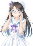  1girl bangs beret black_hair blue-framed_eyewear blue_eyes blue_sailor_collar blush bow breasts closed_mouth collarbone commentary_request dress eyebrows_visible_through_hair glasses hands_up hat hat_bow idolmaster idolmaster_shiny_colors long_hair looking_at_viewer miri_(ago550421) mitsumine_yuika parted_bangs pleated_dress puffy_short_sleeves puffy_sleeves purple_bow sailor_collar sailor_dress see-through see-through_sleeves semi-rimless_eyewear short_sleeves simple_background small_breasts smile solo striped striped_bow under-rim_eyewear very_long_hair white_background white_dress white_headwear 