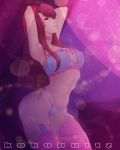  1girl arched_back armpits arms_up blue_panties breasts brown_eyes brown_hair bunny_cutout bunny_lingerie cat_lingerie choker cleavage cleavage_cutout covered_nipples d.va_(overwatch) hands_in_hair highres kokobuttz lens_flare lips long_hair looking_at_viewer medium_breasts meme_attire nose overwatch panties parody pink_choker pink_legwear skindentation solo strapless thighhighs tubetop underwear underwear_only whisker_markings 