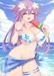  1girl adult_neptune bikini blush breasts closed_eyes cloud dura eyebrows_visible_through_hair flower food hair_between_eyes hair_flower hair_ornament highres holding holding_food hot large_breasts long_hair navel neptune_(series) ocean open_mouth outdoors popsicle purple_hair scrunchie shin_jigen_game_neptune_vii sky smile solo swimsuit thigh_strap very_long_hair water watermelon_bar wet wrist_scrunchie 