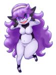  2019 alternate_species breasts featureless_breasts featureless_crotch female hair hex_maniac humanoid humanoid_pointy_ears imp long_hair looking_at_viewer open_mouth purple_sclera short_stack simple_background smile solo subakitsu thick_thighs white_background 