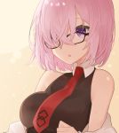  1girl :o bare_shoulders beige_background black_shirt breasts commentary_request face fate/grand_order fate_(series) glasses grey_jacket highres jacket large_breasts lavender_hair looking_at_viewer mash_kyrielight necktie off-shoulder_jacket pink_hair purple_eyes red_neckwear shirt short_hair solo younomiti 