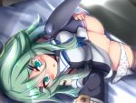  1girl black_legwear black_sleeves blue_neckwear green_eyes green_hair hair_between_eyes hair_ornament hairclip kantai_collection kurokoshou_(emuburemu123) long_hair lying neckerchief on_back panties panties_around_one_leg polka_dot polka_dot_panties pussy shiny shiny_skin solo spread_legs thighhighs uncensored underwear yamakaze_(kantai_collection) 