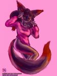  2019 anthro breasts canid canine clothed clothing esferaosamael female fox hair hi_res jewelry looking_at_viewer mammal necklace red_eyes simple_background solo 