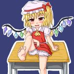  1girl arm_support bare_legs barefoot blonde_hair bloomers blush commentary_request crystal desk eyebrows_visible_through_hair fang feet flandre_scarlet foot_out_of_frame hat leg_lift legs looking_at_viewer mob_cap naughty_face oekaki open_mouth puffy_short_sleeves puffy_sleeves sanzan school_desk short_sleeves side_ponytail sitting smile soles solo toes touhou underwear wings 