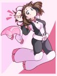  1girl absurdres arm_behind_head belt blush blush_stickers bodysuit boku_no_hero_academia boots breasts brown_eyes brown_hair closed_mouth commentary_request full_body helmet high_heel_boots high_heels highres jipponwazaari large_breasts looking_at_viewer open_mouth pink_background pink_nails red_background short_hair simple_background solo uraraka_ochako visor_cap white_background white_belt 
