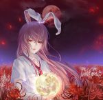  1girl animal_ears bunny_ears chinese_commentary cloud commentary_request crying crying_with_eyes_open expressionless field fingernails flower flower_field gyokudama_(niku) hair_between_eyes hair_blowing highres holding lips long_hair looking_at_viewer loose_necktie moon necktie night night_sky open_collar outdoors petals purple_hair red_eyes red_moon red_nails red_neckwear reisen_udongein_inaba shirt short_sleeves sky solo spider_lily tears touhou upper_body very_long_hair white_shirt wind 