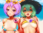  bare_arms bare_shoulders bikini bikini_lift bow breasts collarbone commentary_request day eyewear_on_head flashing furrowed_eyebrows green_eyes green_hair hair_between_eyes hands_on_own_chest hands_up hat hat_bow highres jubakurei komeiji_koishi komeiji_satori lifted_by_self medium_hair nipples outdoors pink_eyes purple_hair ribs short_hair shoulder-to-shoulder siblings side-by-side sidelocks sisters small_breasts stomach straw_hat sunglasses swimsuit touhou upper_body 