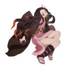  1girl bamboo black_hair full_body gag gradient_hair gwayo hair_ribbon japanese_clothes kamado_nezuko kimetsu_no_yaiba kimono long_hair long_sleeves looking_at_viewer multicolored_hair obi orange_hair pink_eyes ribbon sandals sash simple_background solo thighs two-tone_hair wavy_hair white_background wide_sleeves 