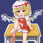  1girl arm_support bare_legs barefoot blonde_hair bloomers blush censored commentary_request crystal desk eyebrows_visible_through_hair fang feet flandre_scarlet foot_out_of_frame footjob hat leg_lift legs looking_at_viewer mob_cap mosaic_censoring naughty_face oekaki open_mouth penis precum puffy_short_sleeves puffy_sleeves sanzan school_desk see-through short_sleeves side_ponytail sitting smile soles solo toes touhou underwear wings 