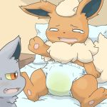  1:1 2014 ambiguous_gender bed blush bodily_fluids canid canine cute_fangs diaper duo eeveelution embarrassed feral flareon genital_fluids hindpaw leaking_diaper mammal nintendo open_mouth paws pillow pok&eacute;mon pok&eacute;mon_(species) poochyena sitting urine video_games wadorigi wet_diaper wetting 