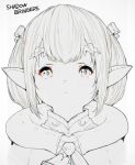 1girl bangs blush bow closed_mouth final_fantasy final_fantasy_xiv grey_background greyscale hair_bow hand_up haruken lalafell looking_at_viewer monochrome pointy_ears robe sidelocks simple_background solo twintails upper_body 