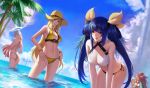  alternate_costume baiken bangs bare_shoulders beach big_hair bikini blonde_hair blue_eyes blue_hair blue_sky breasts cleavage cloud cloudy_sky day dizzy eyepatch guilty_gear guilty_gear_xrd hair_ribbon halo hat jack-o&#039;_valentine large_breasts long_hair looking_at_viewer millia_rage multicolored_hair navel ocean one-eyed outdoors parted_lips phamoz pink_hair red_eyes red_hair ribbon sky smile standing sun_hat sunlight swimsuit tree two-tone_hair wading water white_hair yellow_ribbon 