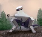  2019 biped digital_media_(artwork) female hi_res looking_at_viewer machine meandraco not_furry presenting presenting_pussy purple_eyes purple_skin pussy ranged_weapon robot solo spread_legs spreading turret weapon white_body 