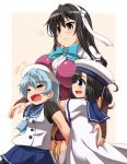  3girls bangs beret black_hair blonde_hair blue_eyes blue_hair blue_neckwear blue_skirt blush bow bowtie breasts closed_eyes daitou_(kantai_collection) dress eyebrows_visible_through_hair fang gloves gradient_hair hair_ribbon hairband hat highres kantai_collection large_breasts long_hair multicolored_hair multiple_girls naganami_(kantai_collection) neckerchief open_mouth pleated_skirt ponytail remodel_(kantai_collection) ribbon sado_(kantai_collection) sailor_collar sailor_dress sailor_hat school_uniform serafuku short_sleeves simple_background skirt sweat thighhighs two-tone_hair wavy_hair wavy_mouth white_headwear yellow_eyes yoshi_tama 